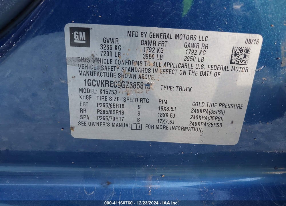 2016 CHEVROLET SILVERADO 1500 2LT VIN: 1GCVKREC9GZ385815