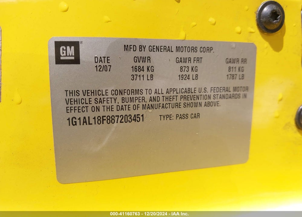 2008 CHEVROLET COBALT LT VIN: 1G1AL18F887203451