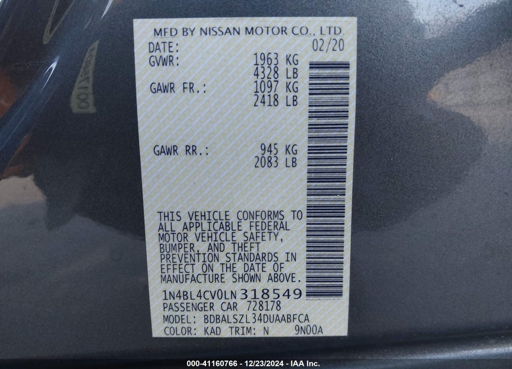 2020 NISSAN ALTIMA VIN: 1N4BL4CV0LN318549