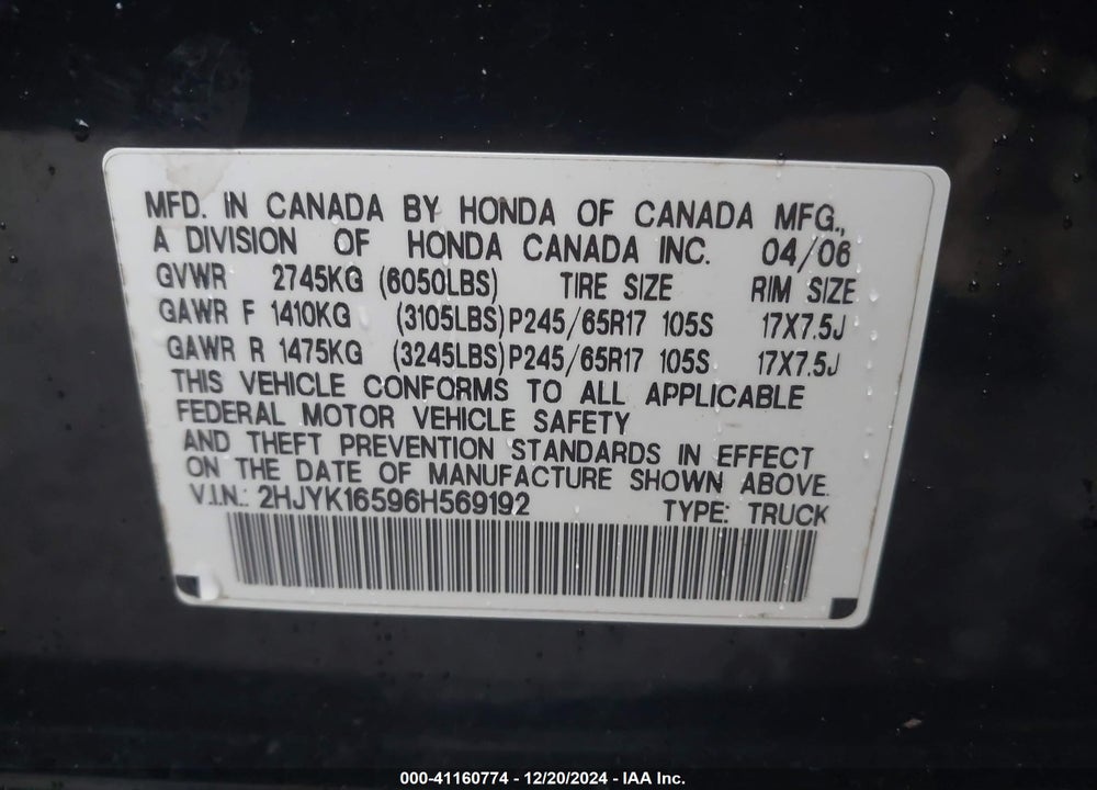 2006 HONDA RIDGELINE RTL VIN: 2HJYK16596H569192
