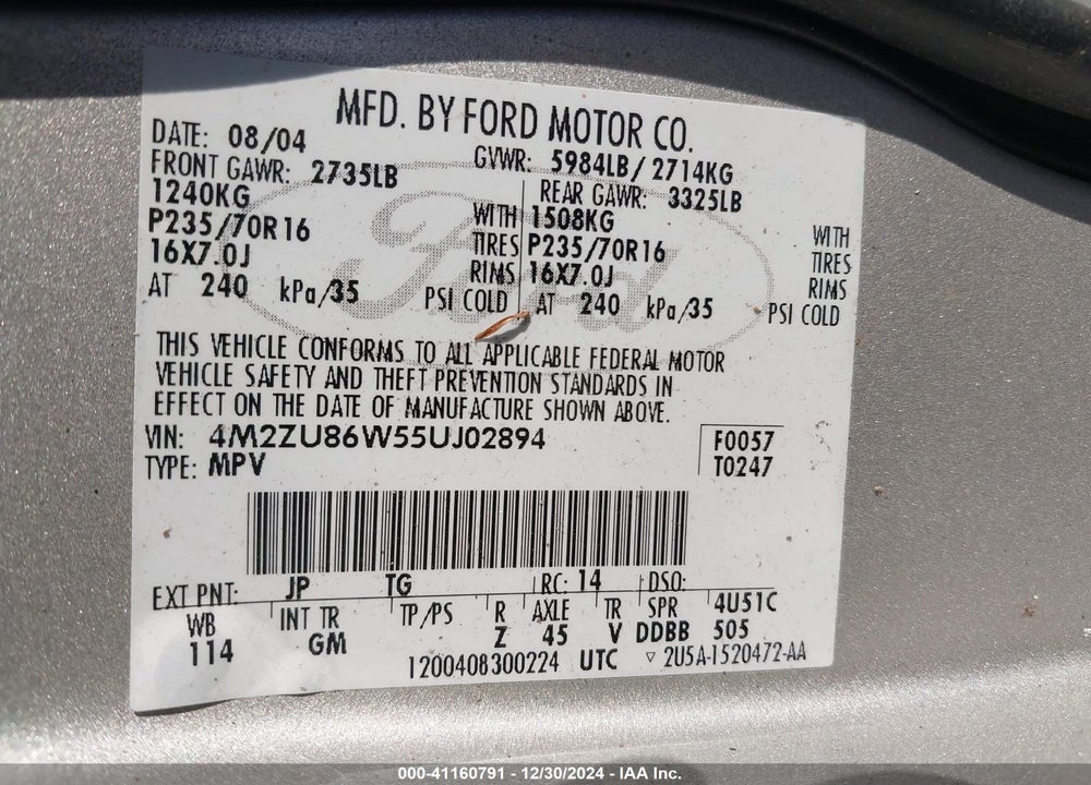 2005 MERCURY MOUNTAINEER VIN: 4M2ZU86W55UJ02894