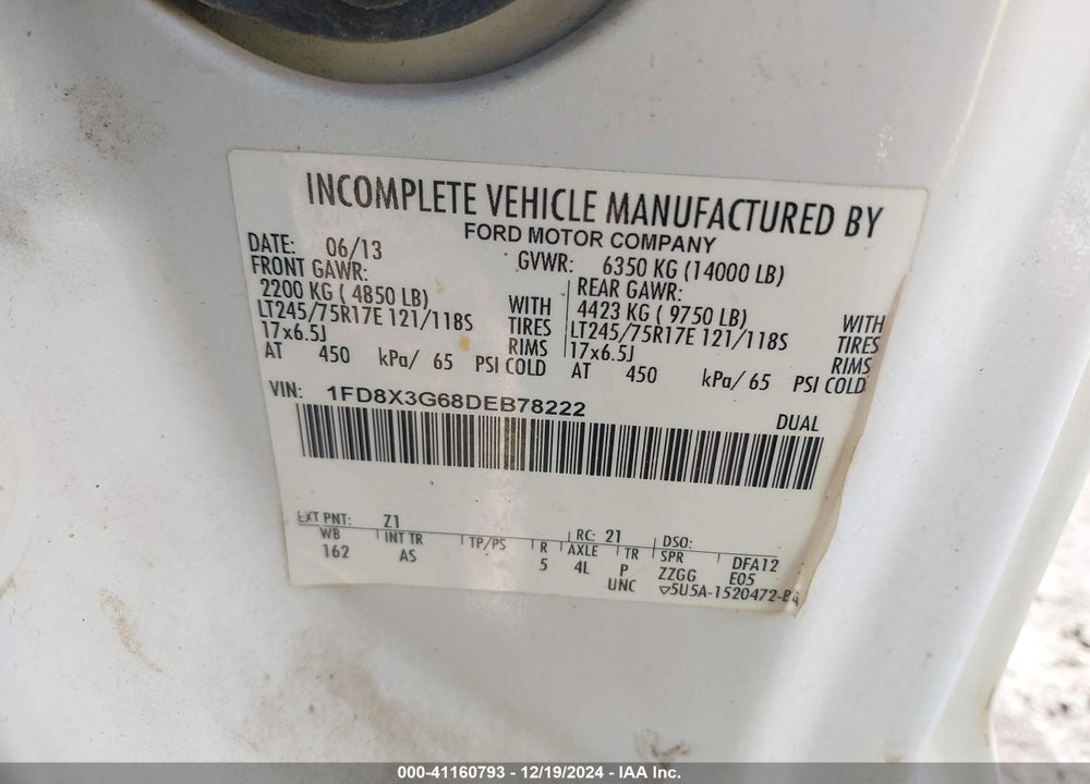 2013 FORD F-350 CHASSIS XL VIN: 1FD8X3G68DEB78222