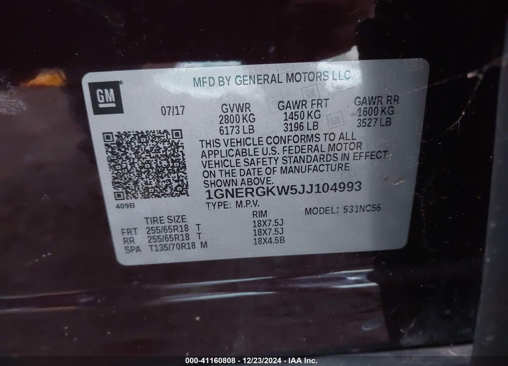 2018 CHEVROLET TRAVERSE 1LT VIN: 1GNERGKW5JJ104993