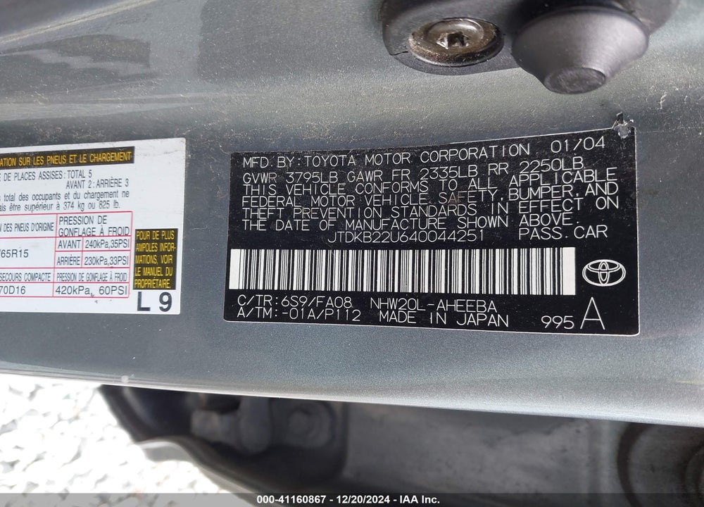 2004 TOYOTA PRIUS VIN: JTDKB22U640044251