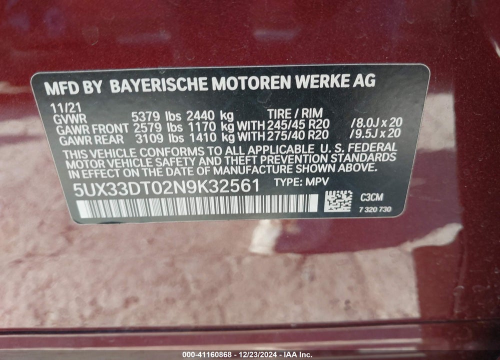 2022 BMW X4 VIN: 5UX33DT02N9K32561