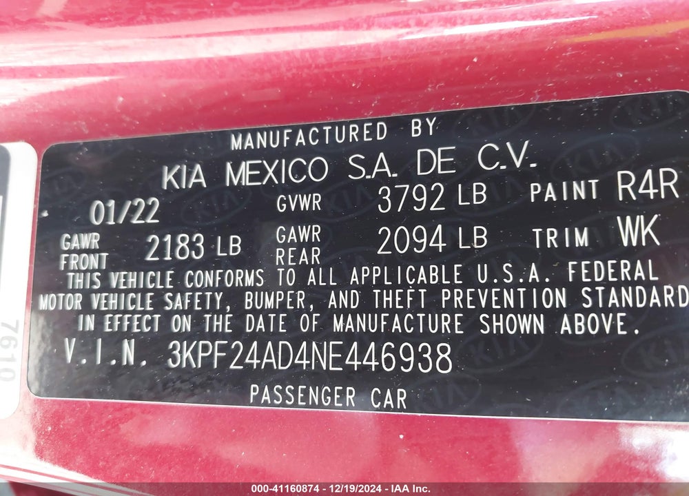 2022 KIA FORTE VIN: 3KPF24AD4NE446938