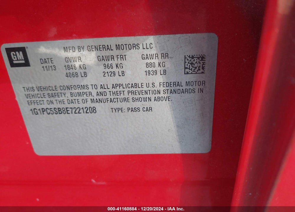 2014 CHEVROLET CRUZE 1LT AUTO VIN: 1G1PC5SB8E7221208