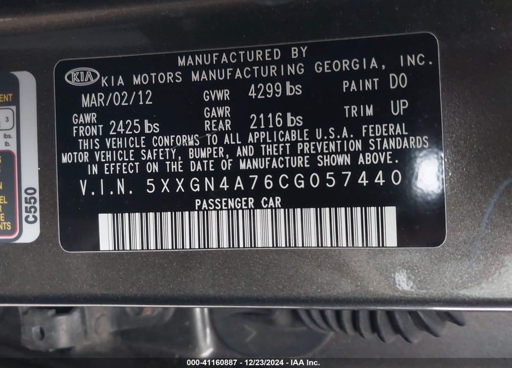 2012 KIA OPTIMA EX VIN: 5XXGN4A76CG057440