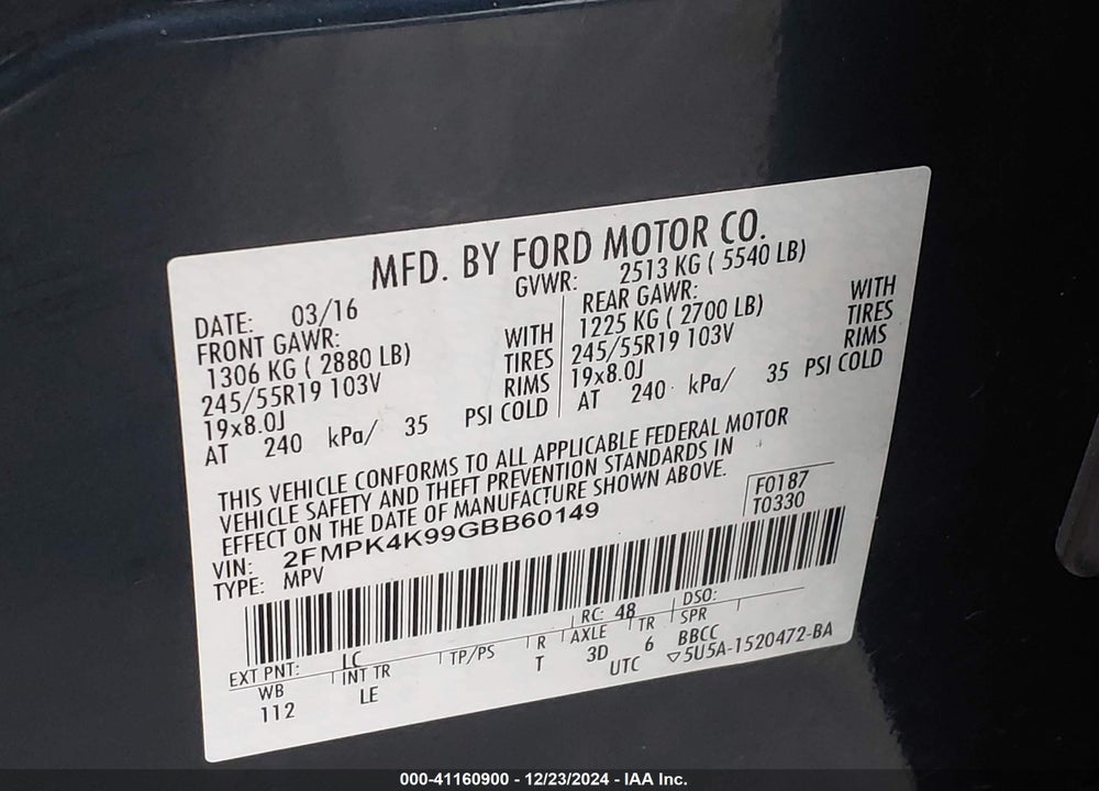 2016 FORD EDGE TITANIUM VIN: 2FMPK4K99GBB60149