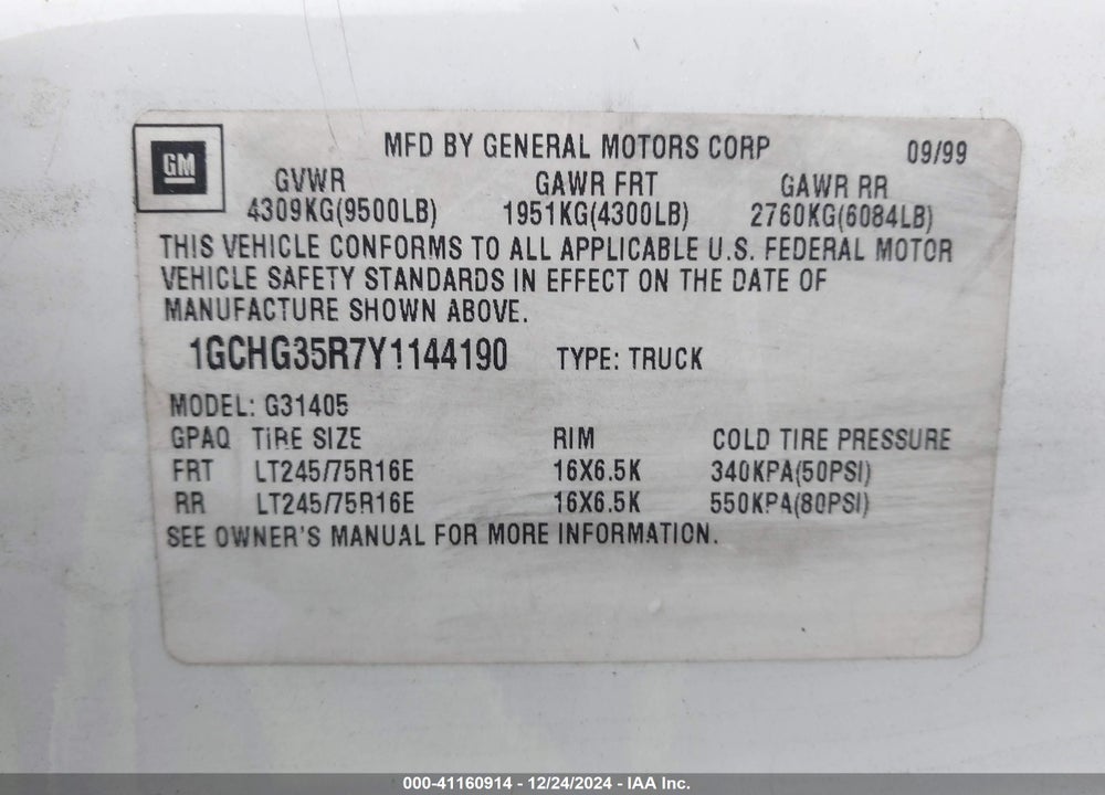 2000 CHEVROLET EXPRESS VIN: 1GCHG35R7Y1144190