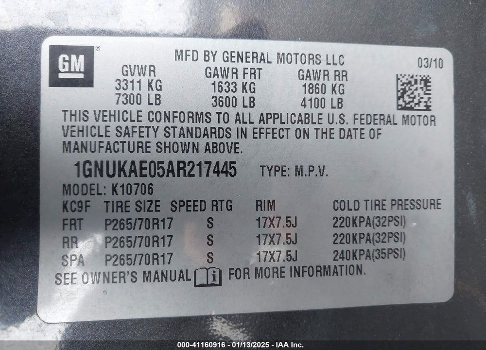 2010 CHEVROLET TAHOE SPECIAL SERVICES VIN: 1GNUKAE05AR217445