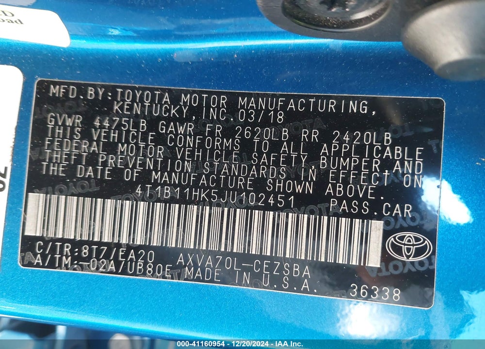 2018 TOYOTA CAMRY VIN: 4T1B11HK5JU102451