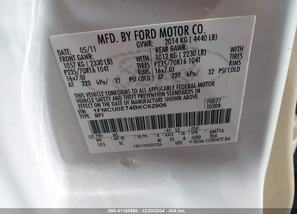 2011 FORD ESCAPE LIMITED VIN: 1FMCU0E74BKC62906