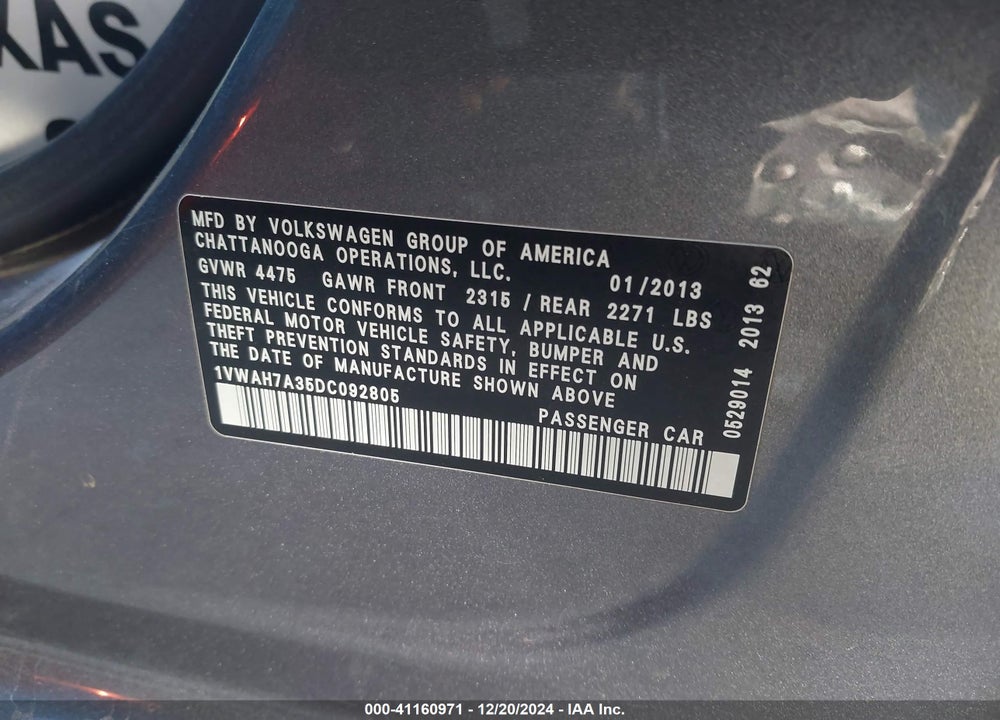 2013 VOLKSWAGEN PASSAT 2.5L S VIN: 1VWAH7A35DC092805