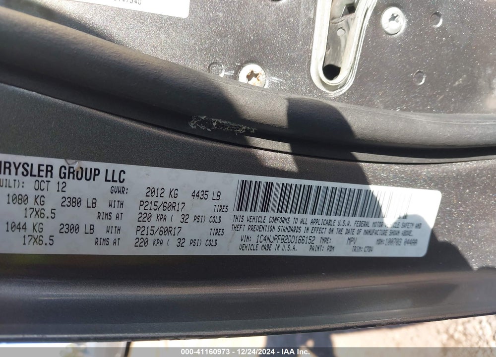 2013 JEEP PATRIOT LATITUDE VIN: 1C4NJPFB2DD166152