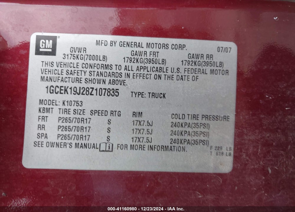 2008 CHEVROLET SILVERADO 1500 LT1 VIN: 1GCEK19J28Z107835