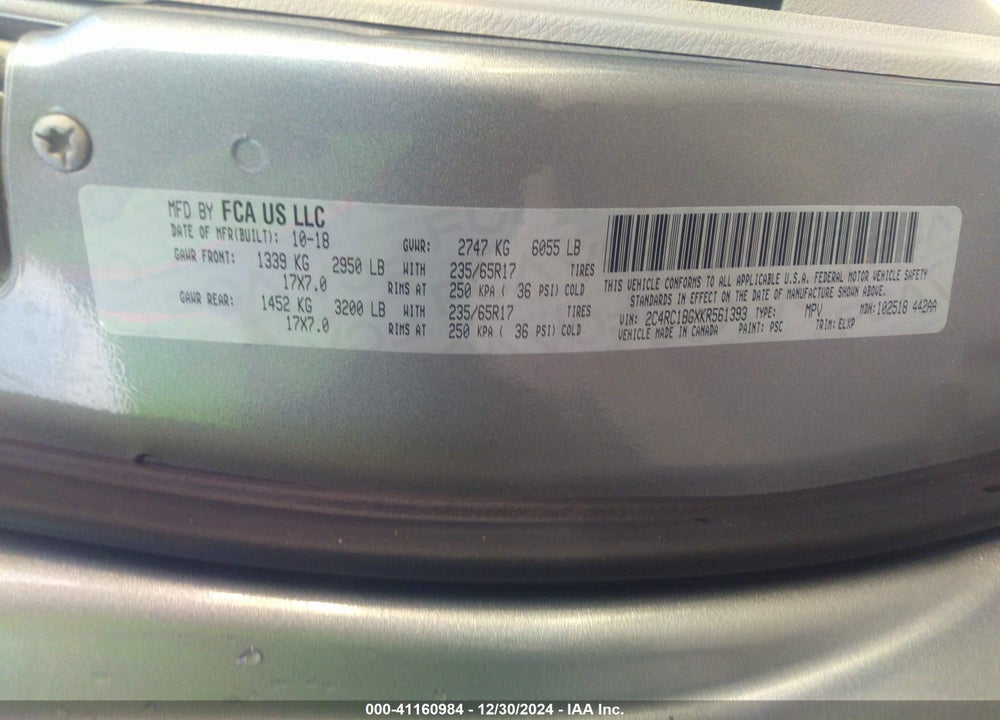 2019 CHRYSLER PACIFICA TOURING L VIN: 2C4RC1BGXKR561393