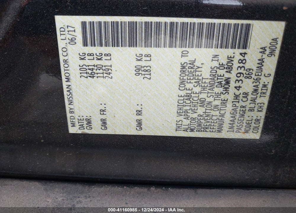 2017 NISSAN MAXIMA VIN: 1N4AA6AP1HC439384