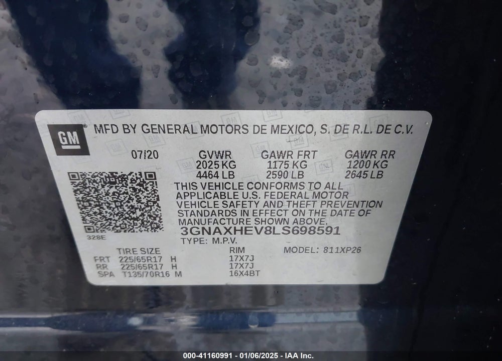 2020 CHEVROLET EQUINOX FWD LS VIN: 3GNAXHEV8LS698591
