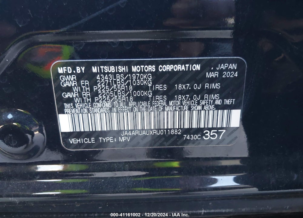 2024 MITSUBISHI OUTLANDER SPORT 2.0 ES AWC/2.0 LE AWC/2.0 RALLIART AWC/2.0 S AWC/2.0 SE AWC VIN: JA4ARUAUXRU011882