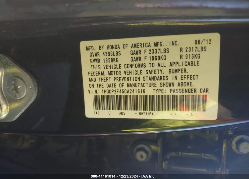 2012 HONDA ACCORD SDN VIN: 1HGCP2F45CA241616