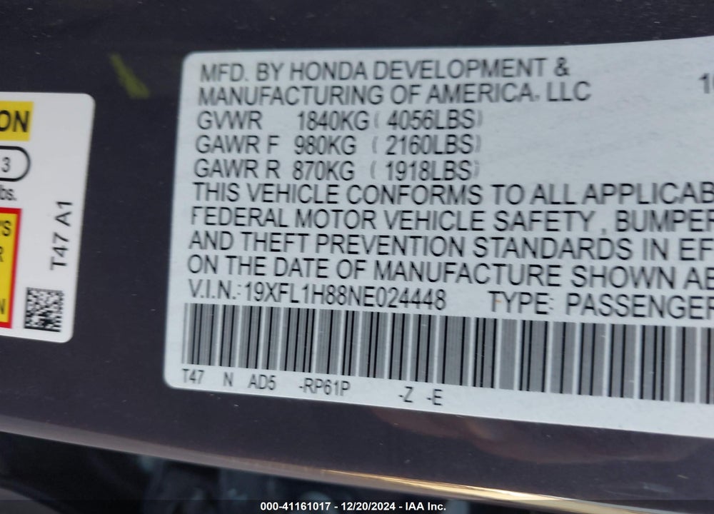 2022 HONDA CIVIC VIN: 19XFL1H88NE024448