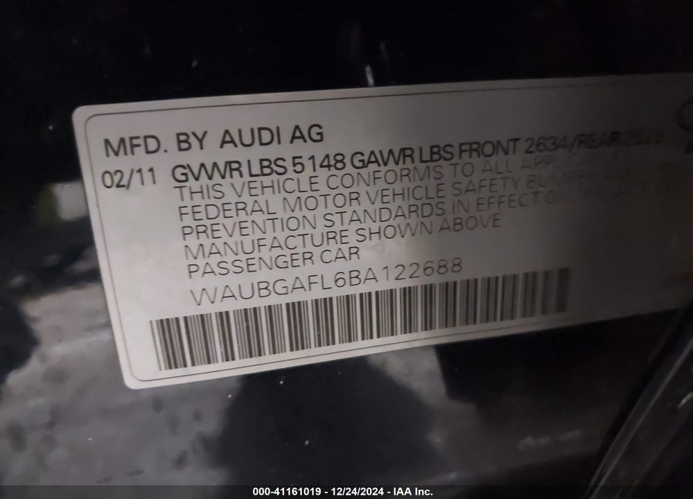 2011 AUDI S4 VIN: WAUBGAFL6BA122688