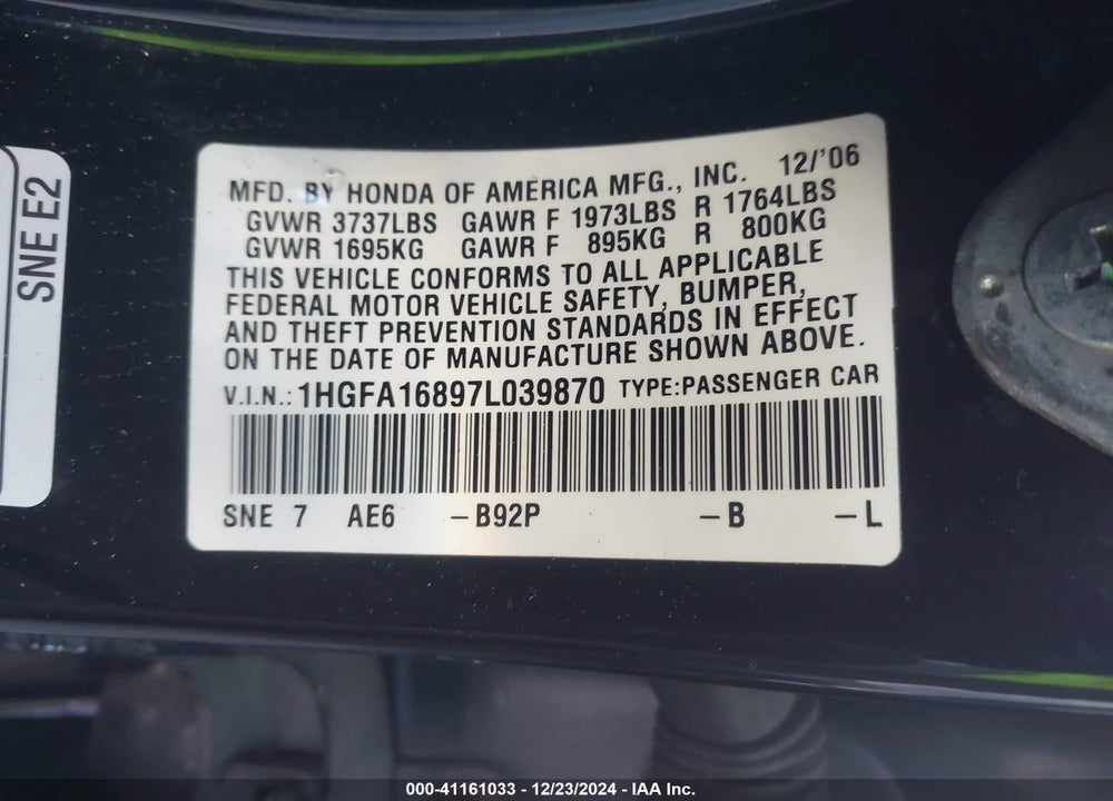 2007 HONDA CIVIC VIN: 1HGFA16897L039870