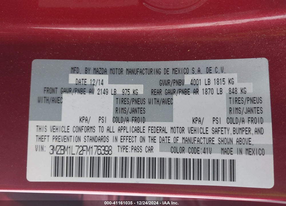 2015 MAZDA 3 I TOURING VIN: 3MZBM1L72FM176398