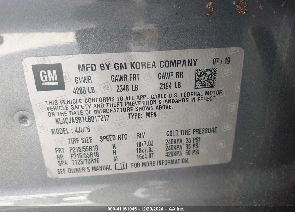 2020 BUICK ENCORE FWD PREFERRED VIN: KL4CJASB7LB017217