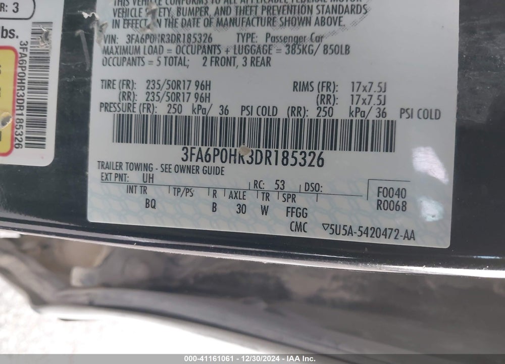 2013 FORD FUSION SE VIN: 3FA6P0HR3DR185326