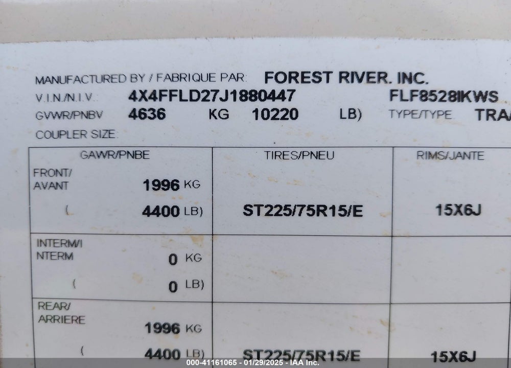 2018 FLAGSTAFF TRAVEL TRLR VIN: 4X4FFLD27J1880447