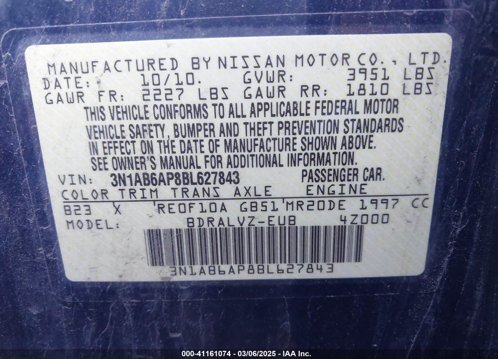 2011 NISSAN SENTRA VIN: 3N1AB6AP8BL627843
