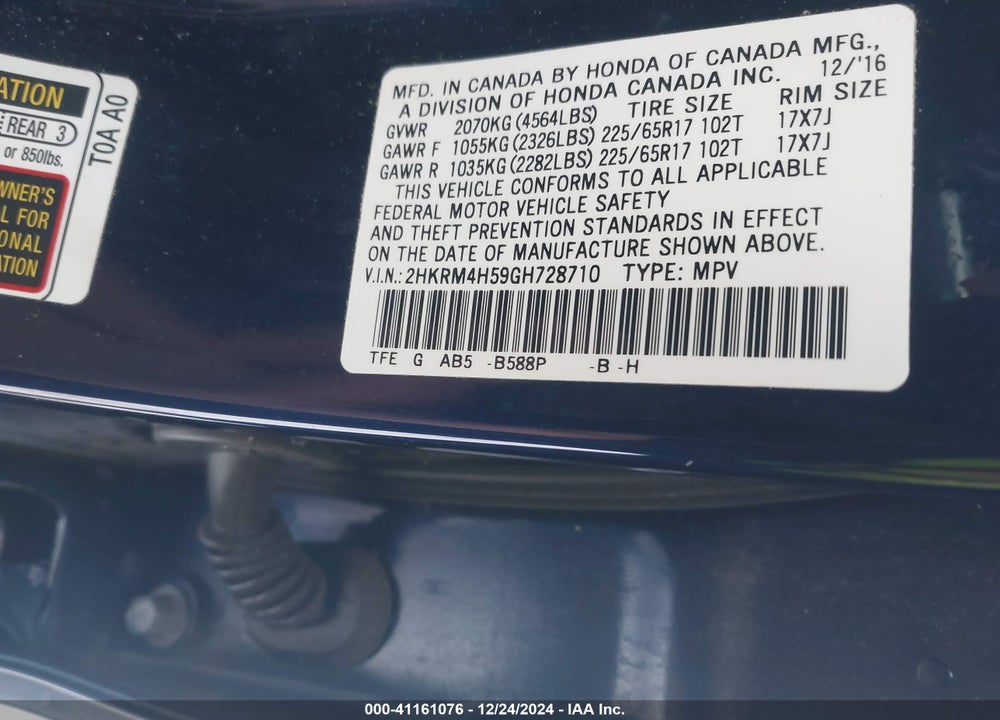 2016 HONDA CR-V EX VIN: 2HKRM4H59GH728710