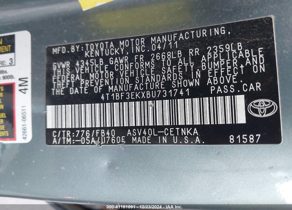 2011 TOYOTA CAMRY LE VIN: 4T1BF3EKXBU731741