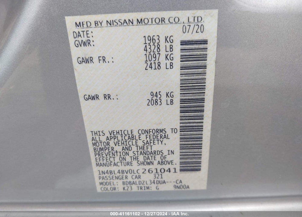2020 NISSAN ALTIMA VIN: 1N4BL4BV0LC261041