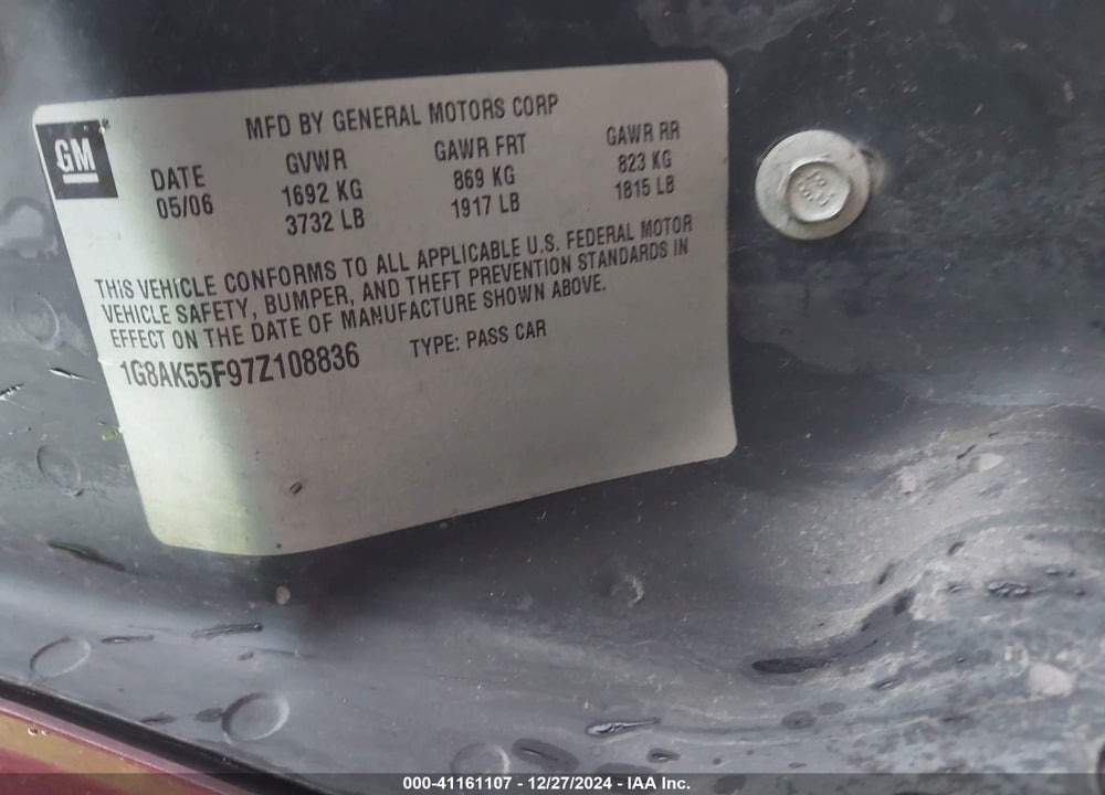 2007 SATURN ION VIN: 1G8AK55F97Z108836