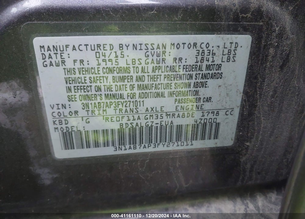 2015 NISSAN SENTRA SL VIN: 3N1AB7AP3FY271011