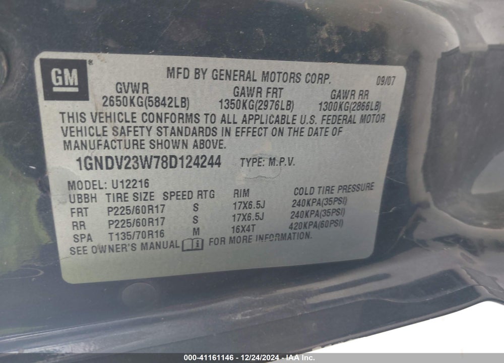 2008 CHEVROLET UPLANDER VIN: 1GNDV23W78D124244