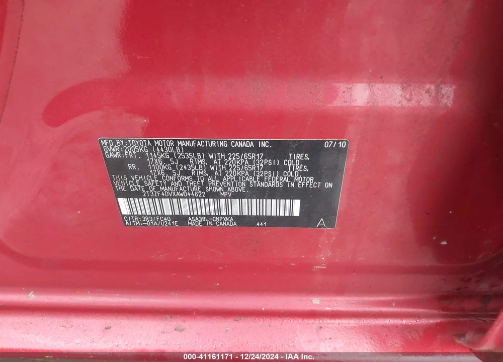 2010 TOYOTA RAV4 VIN: 2T3ZF4DVXAW044622