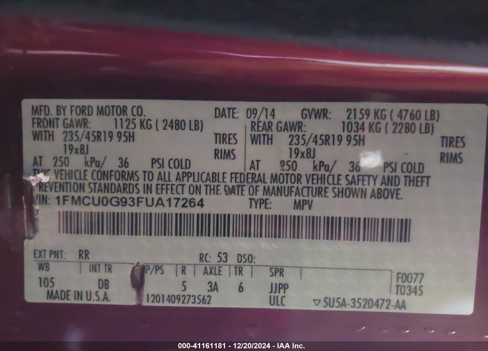 2015 FORD ESCAPE SE VIN: 1FMCU0G93FUA17264
