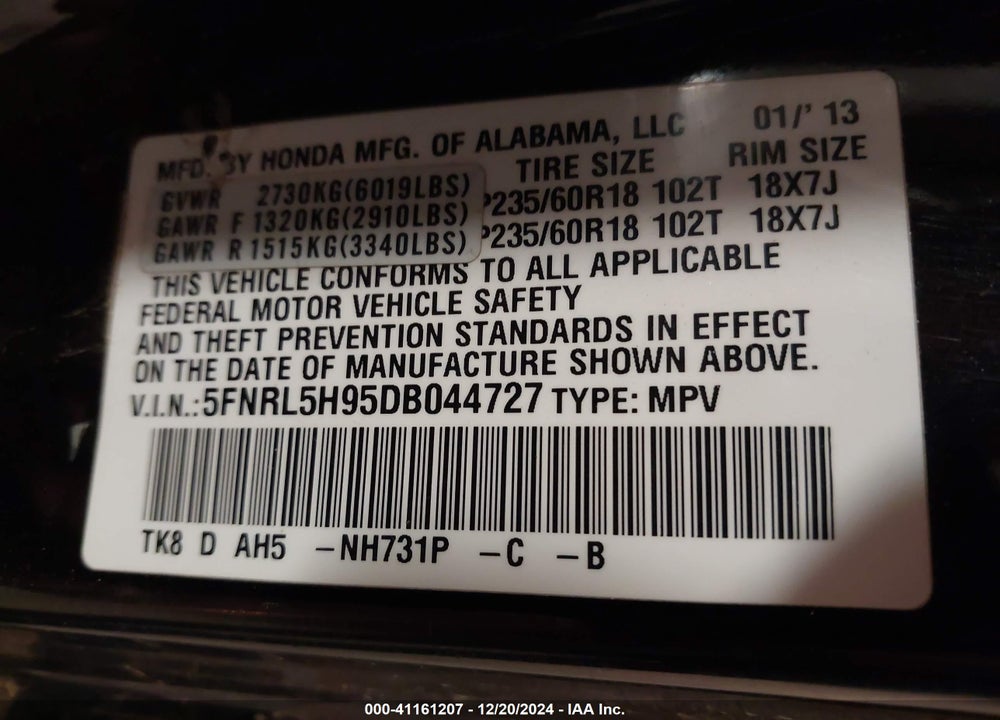 2013 HONDA ODYSSEY TOURING/TOURING ELITE VIN: 5FNRL5H95DB044727