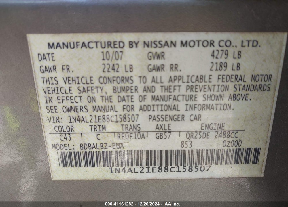 2008 NISSAN ALTIMA 2.5 S VIN: 1N4AL21E88C158507