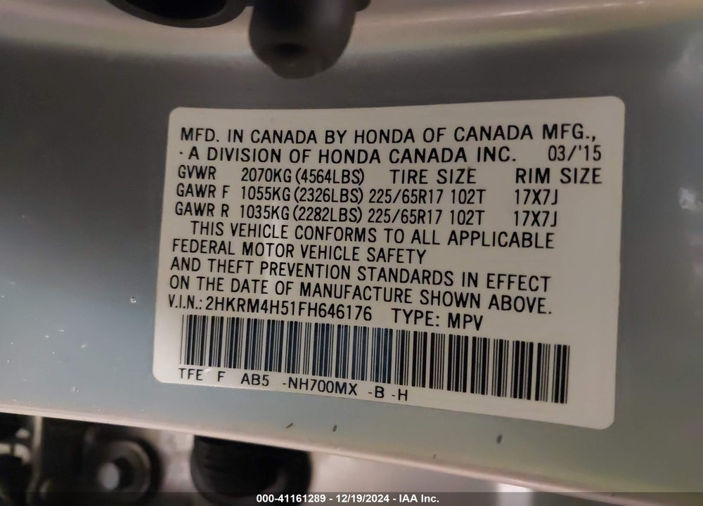 2015 HONDA CR-V EX VIN: 2HKRM4H51FH646176
