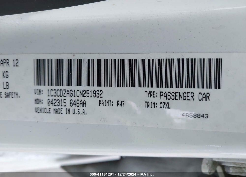 2012 DODGE AVENGER VIN: 1C3CDZAG1CN251932