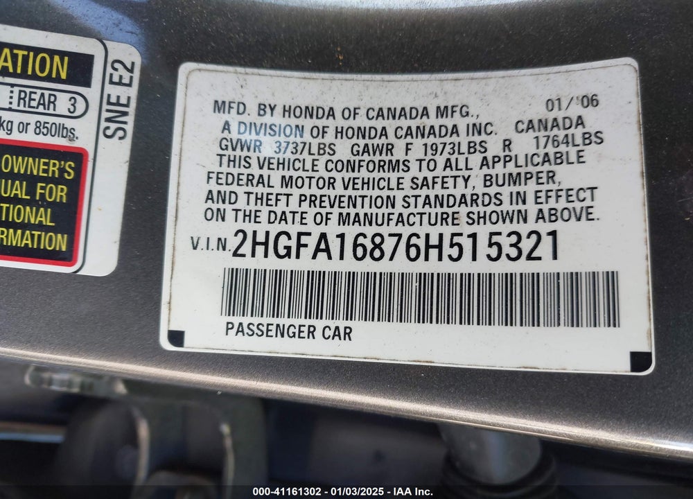 2006 HONDA CIVIC EX VIN: 2HGFA16876H515321