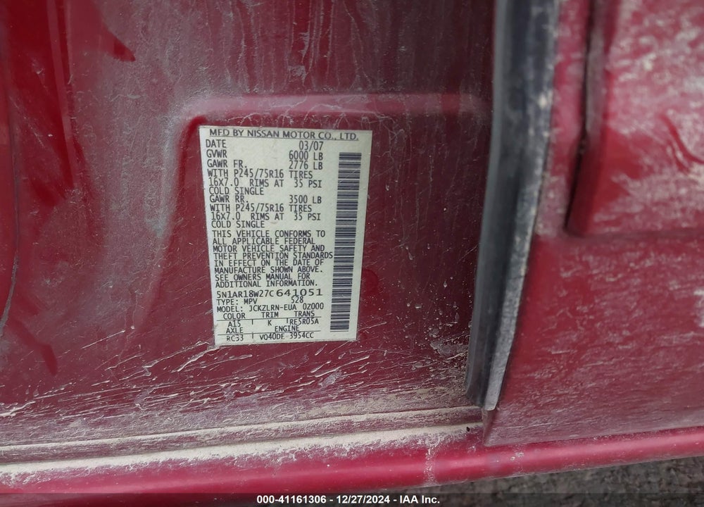 2007 NISSAN PATHFINDER S VIN: 5N1AR18W27C641051