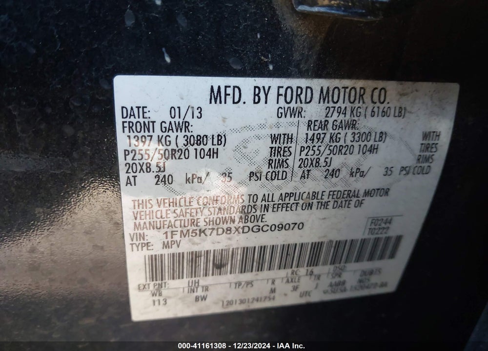 2013 FORD EXPLORER VIN: 1FM5K7D8XDGC09070