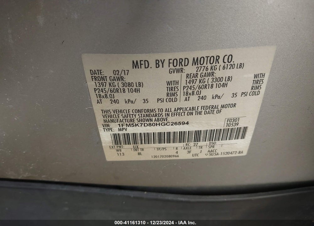 2017 FORD EXPLORER VIN: 1FM5K7D80HGC26594