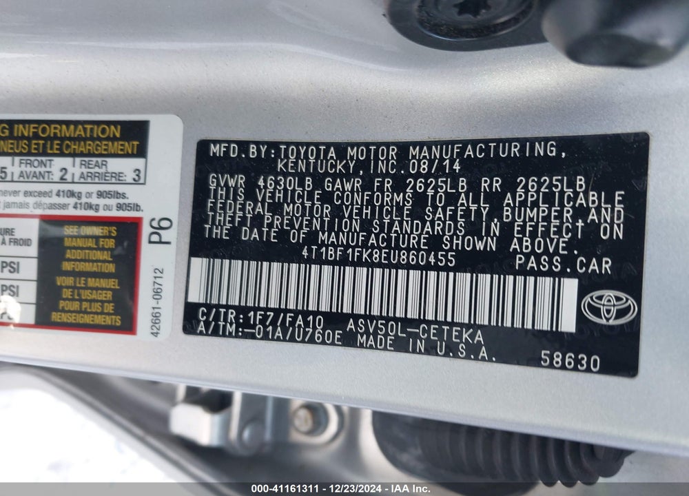 2014 TOYOTA CAMRY L VIN: 4T1BF1FK8EU860455